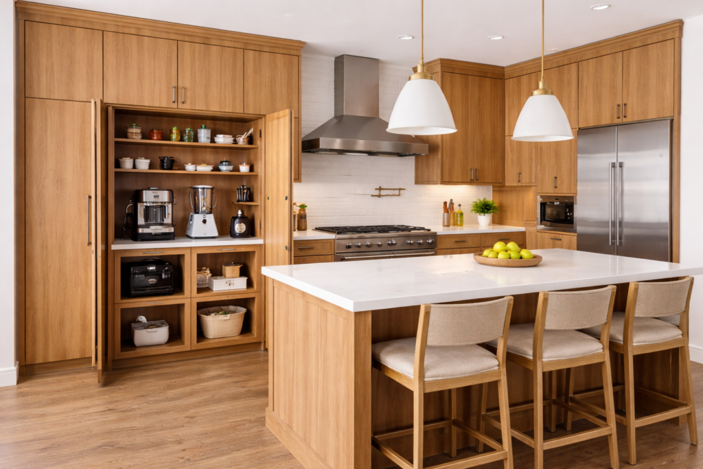 Modern kitchen cabinets ideas with hidden appliance cabinets, seamless cabinetry design, integrated storage, and a clean minimalist kitchen