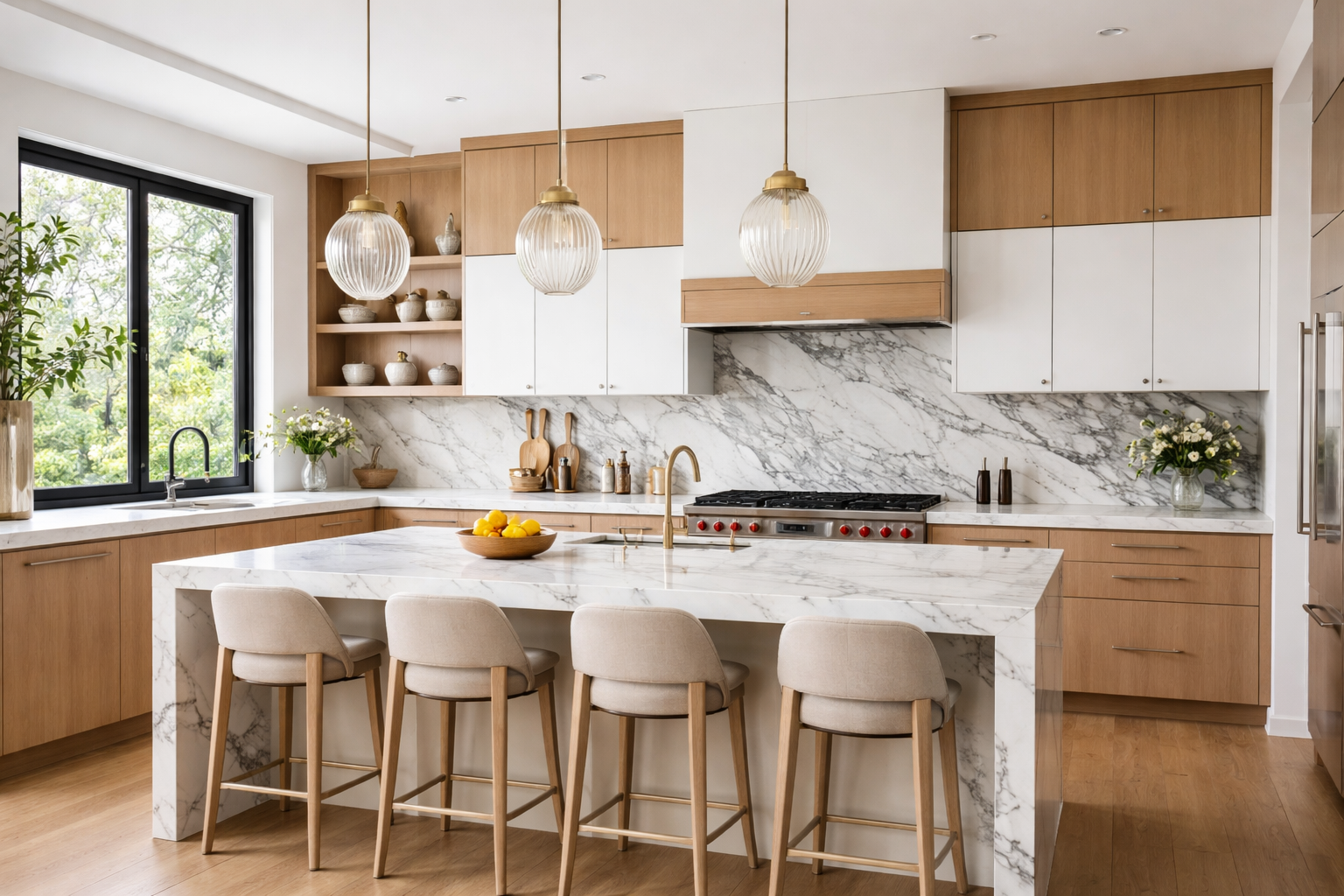 Modern kitchen countertop with white marble island, wooden cabinets, and stylish pendant lighting