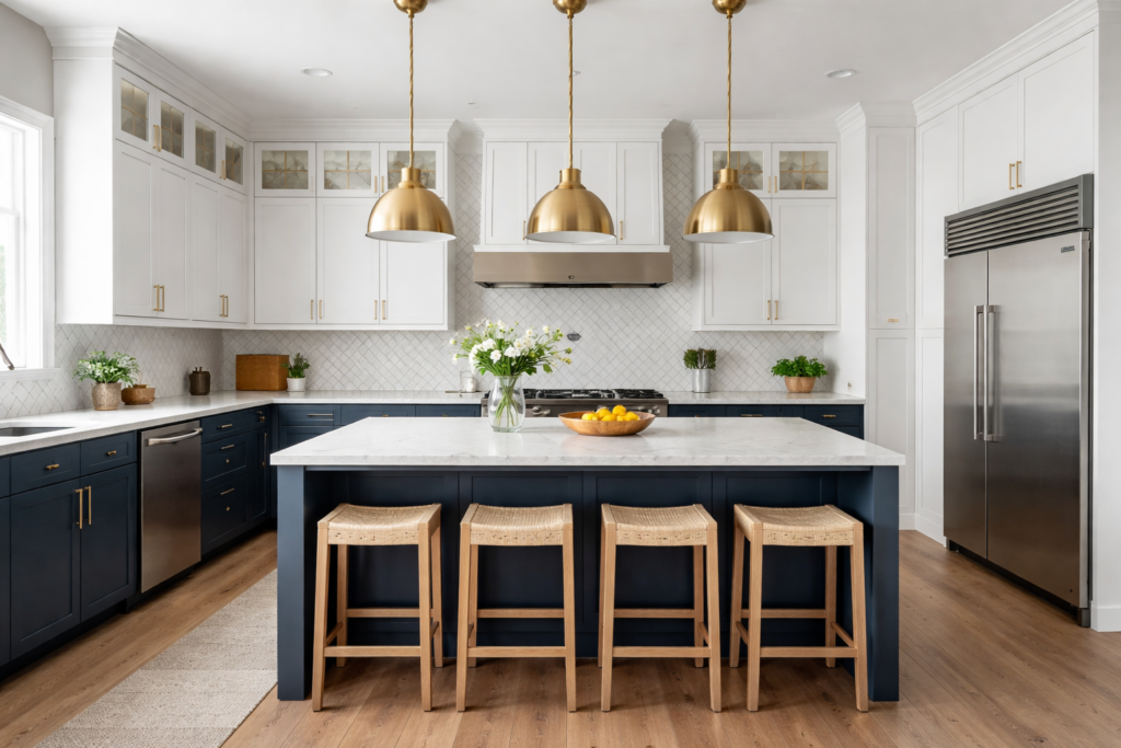 Modern kitchen cabinet ideas with navy blue and white cabinets, quartz island, and gold pendant lighting in a stylish USA kitchen