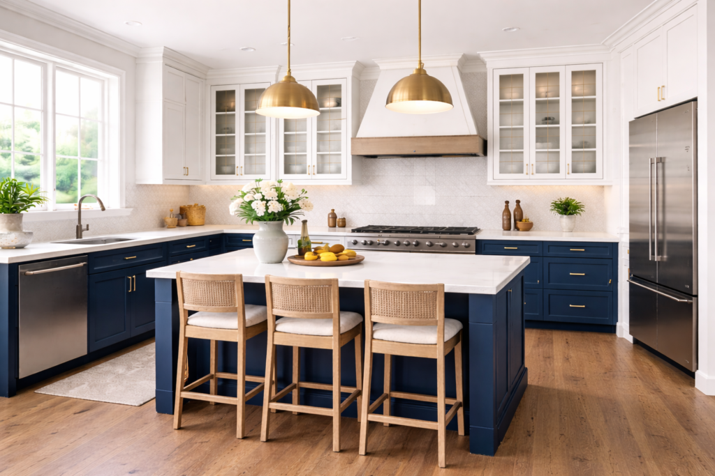 Modern kitchen cabinets ideas with blue cabinets, sleek island, contemporary lighting, and stylish layout in a modern kitchen