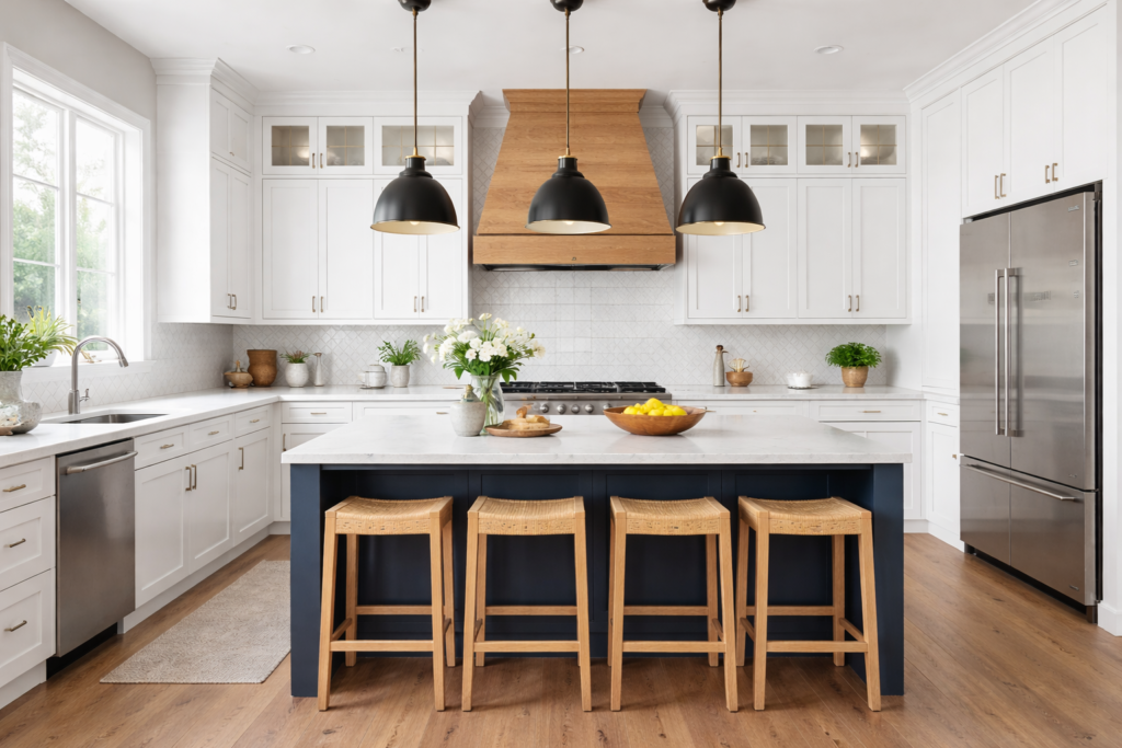 Classic shaker kitchen cabinets ideas with white shaker cabinets, wooden island, and modern lighting in a stylish kitchen