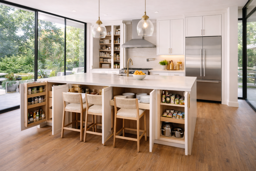 Open kitchen cabinets ideas with glass walls, smart storage solutions, modern cabinetry, and a spacious contemporary layout