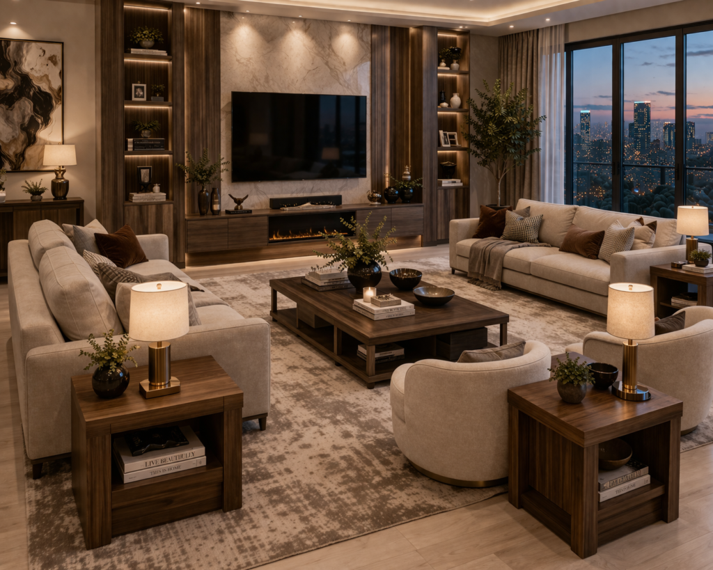 modern luxury living room furniture with wooden side tables and elegant seating layout