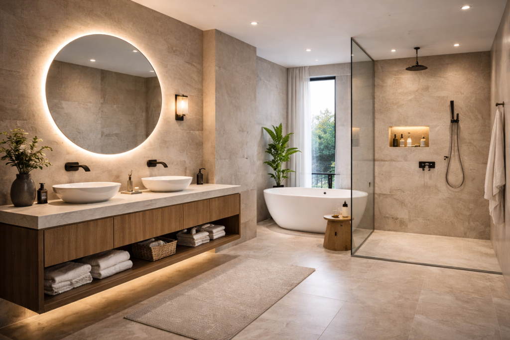 Luxury bathroom with wall mounted faucets, floating vanity, and clean modern layout ideas on remodelling a bathroom