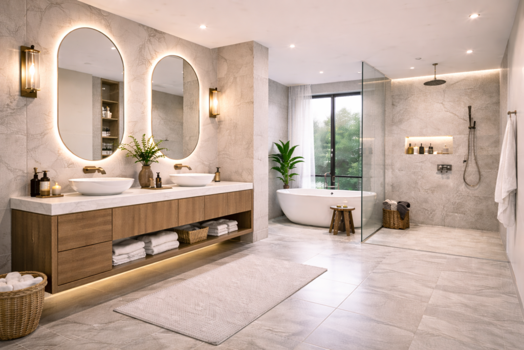 Modern bathroom with doorless walk-in shower, open layout, sleek tiles, and minimalist design ideas on remodelling a bathroom