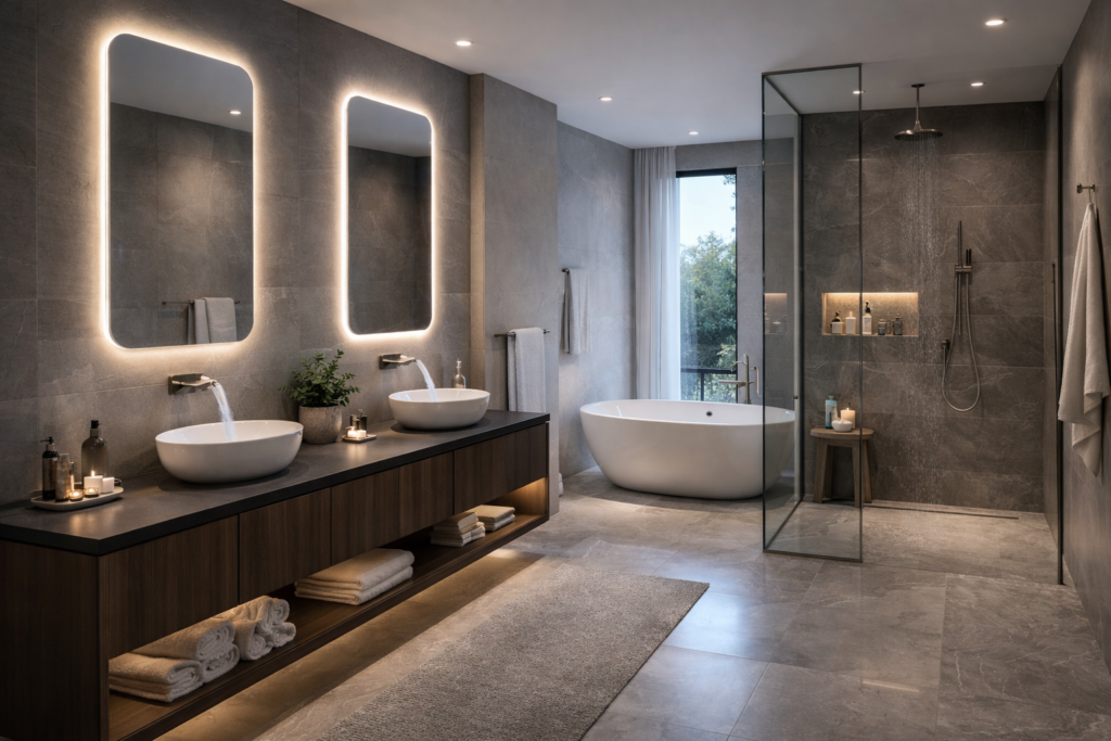 Modern luxury bathroom with touchless faucets, LED mirrors, sleek vanity, and smart lighting ideas on remodelling a bathroom
