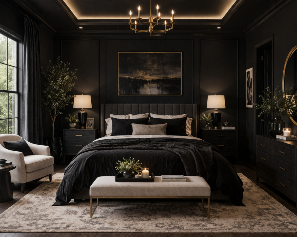 Black master bedroom with dark walls, modern furniture, and soft ambient lighting showcasing master bedroom paint color ideas.
