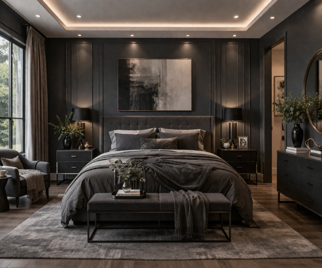 Graphite master bedroom with dark walls, modern furniture, and soft ambient lighting highlighting master bedroom paint color ideas.