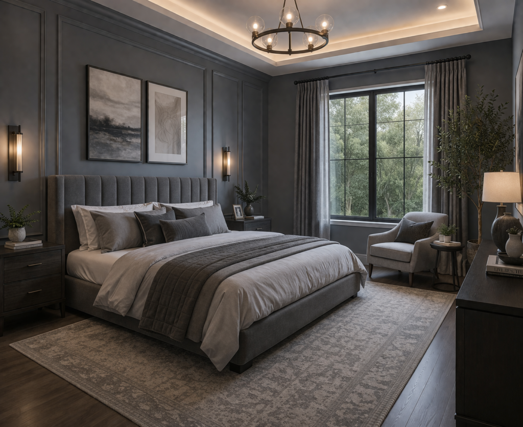 Modern bedroom with steely gray walls and elegant decor showing master bedroom paint color ideas