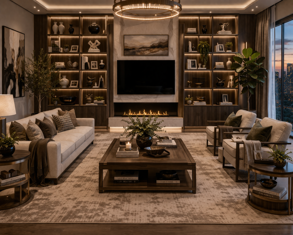 modern luxury living room furniture with built-in shelving units and decorative storage