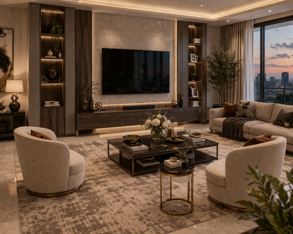 modern luxury living room furniture with stylish arm chairs and marble coffee table setup