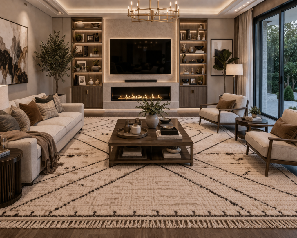 modern luxury living room furniture with cotton rug and soft textured seating layout