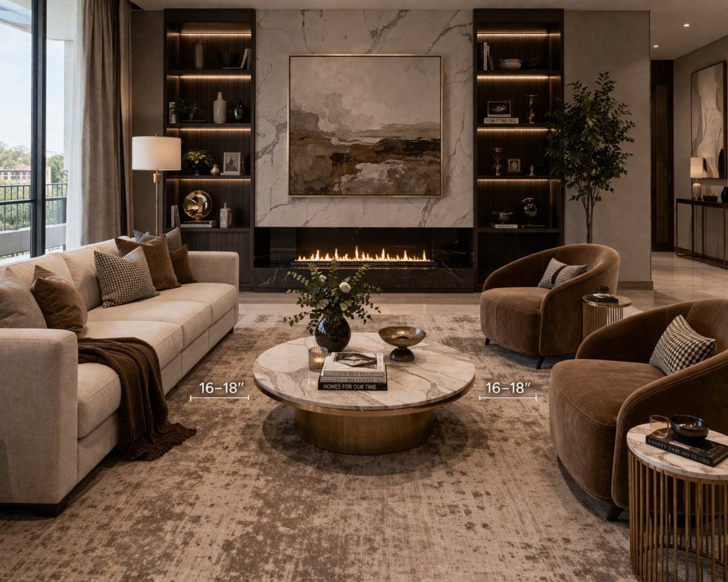 modern luxury living room furniture with coffee table placed 16 to 18 inches from sofa and elegant seating layout