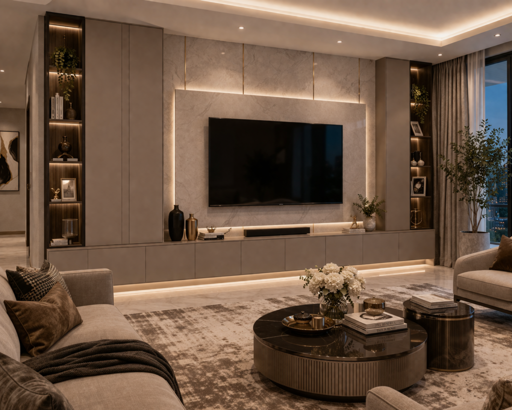 modern luxury living room furniture with closed cabinet tv unit and sleek wall storage design