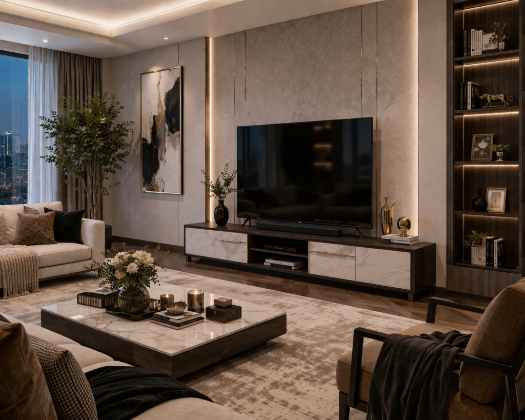 modern luxury living room furniture with floor tv unit and low media console design