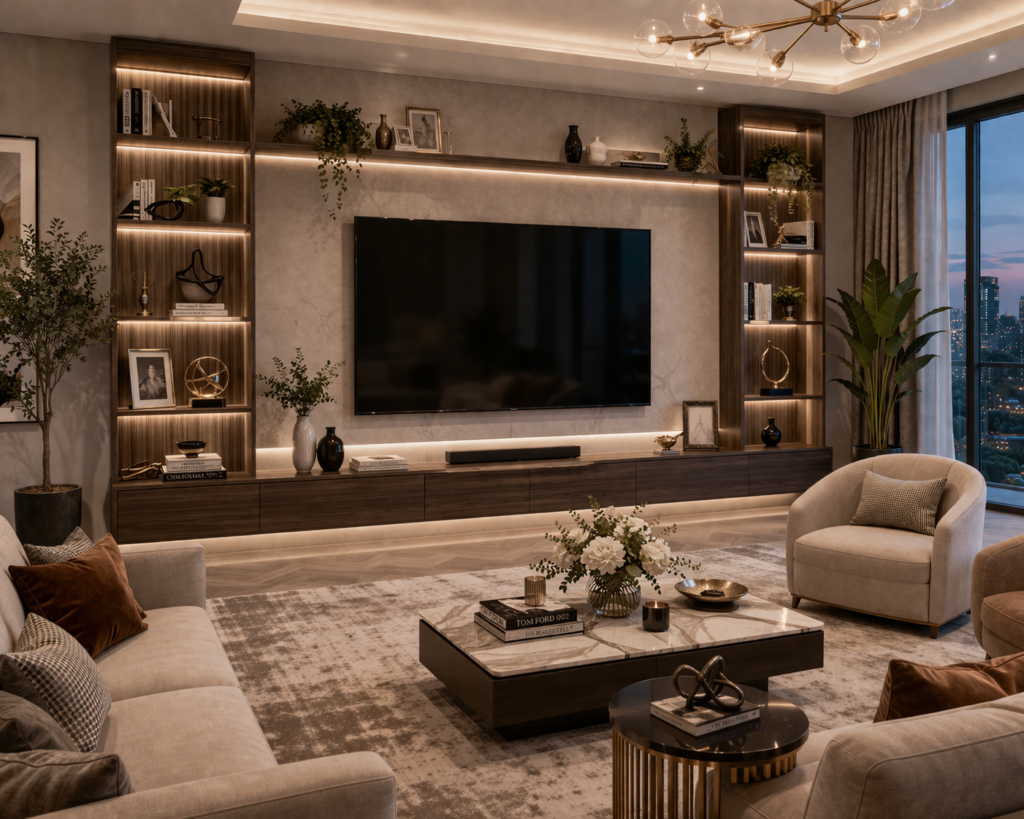 modern luxury living room furniture with open shelf tv unit and decorative display storage