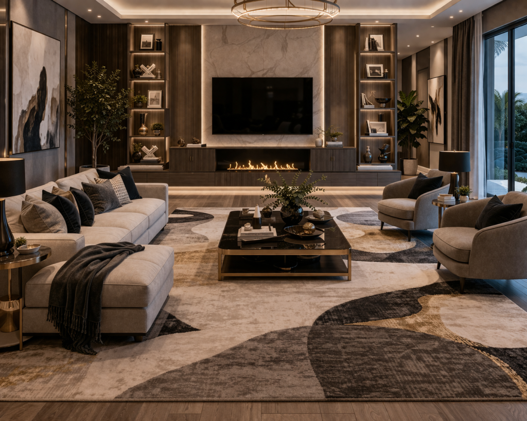 modern luxury living room furniture with synthetic rug and sleek seating arrangement