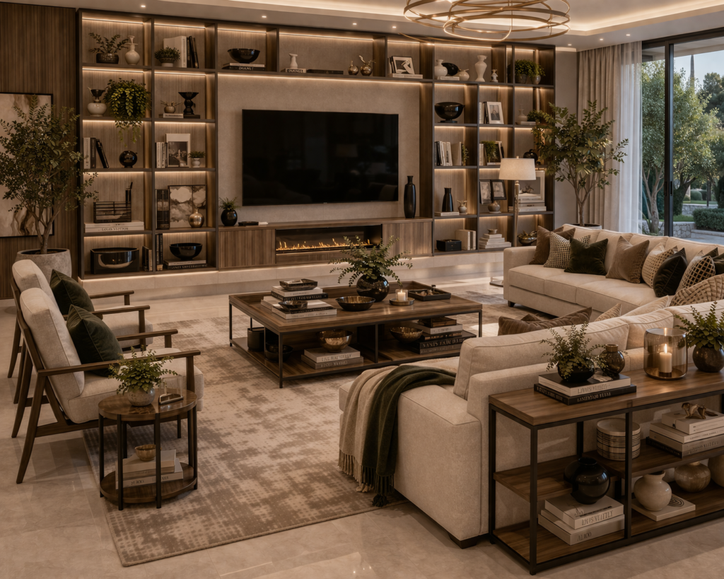 modern luxury living room furniture with open storage shelves and organized display design