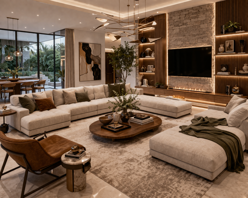 modern luxury living room furniture with large sectional sofa marble table and warm lighting