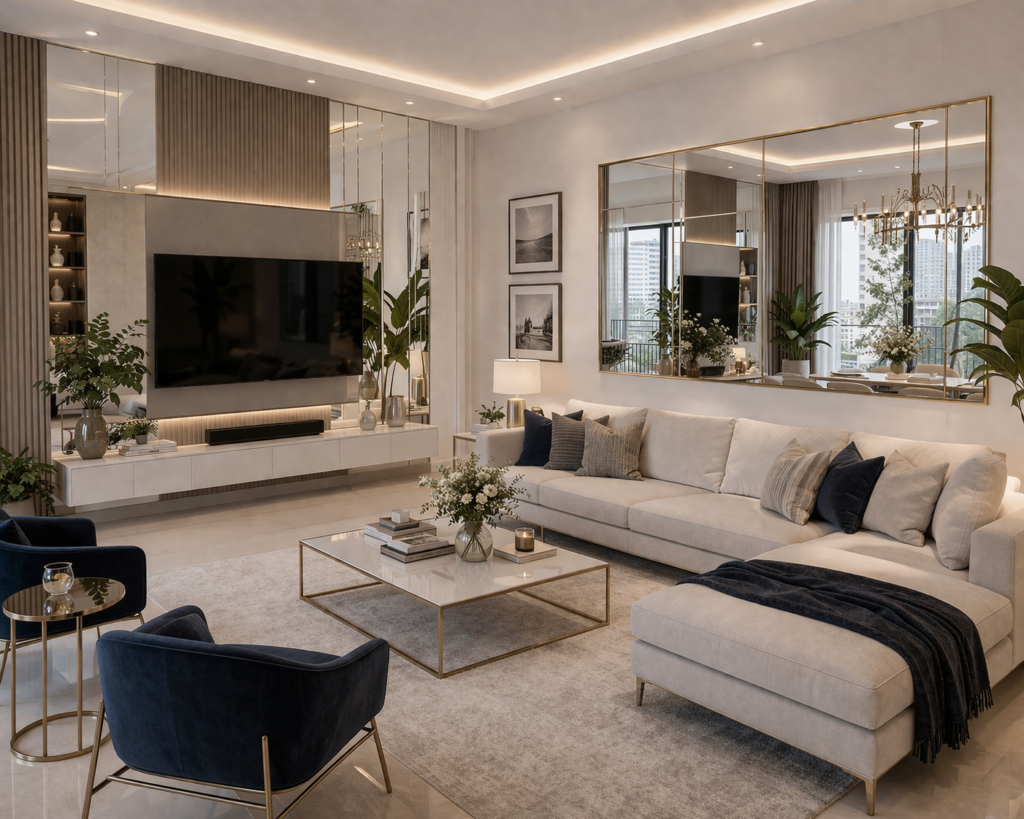 Modern living room furniture with large wall mirrors, sleek sofa, and reflective decor elements