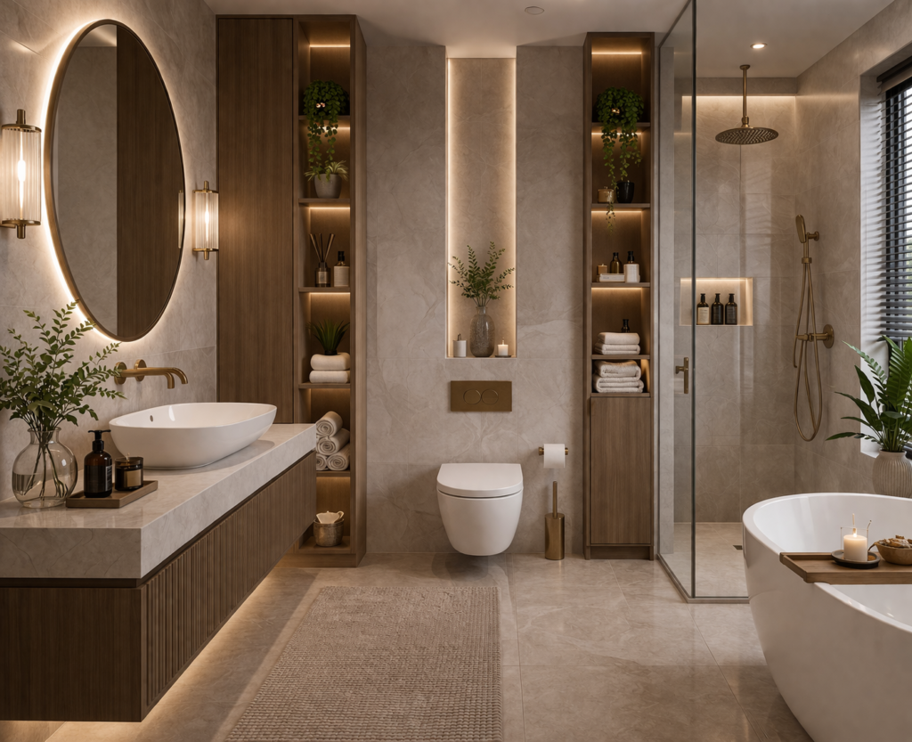 Luxury bathroom with vertical storage shelves, tall cabinets, and organized modern layout ideas on remodelling a bathroom