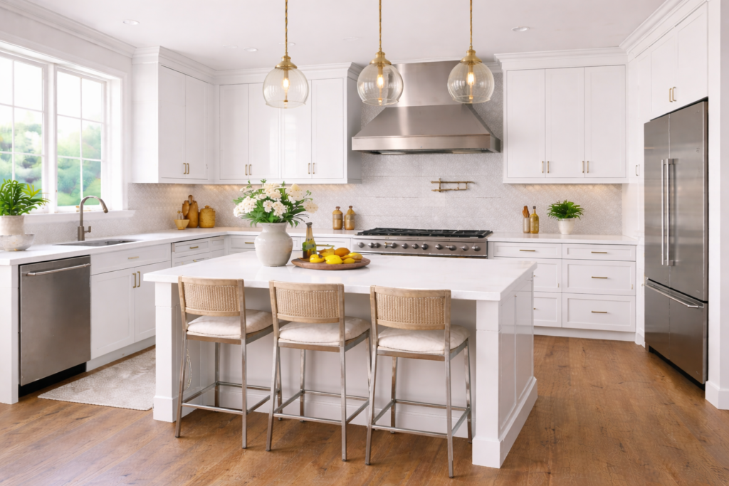 Modern kitchen cabinets ideas with high gloss cabinets, sleek reflective finish, minimalist design, and a stylish island in a contemporary kitchen