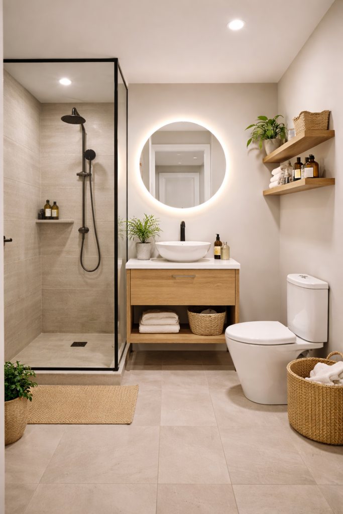 Compact modern bathroom with space-saving vanity, walk-in shower, and smart storage ideas on remodelling a bathroom