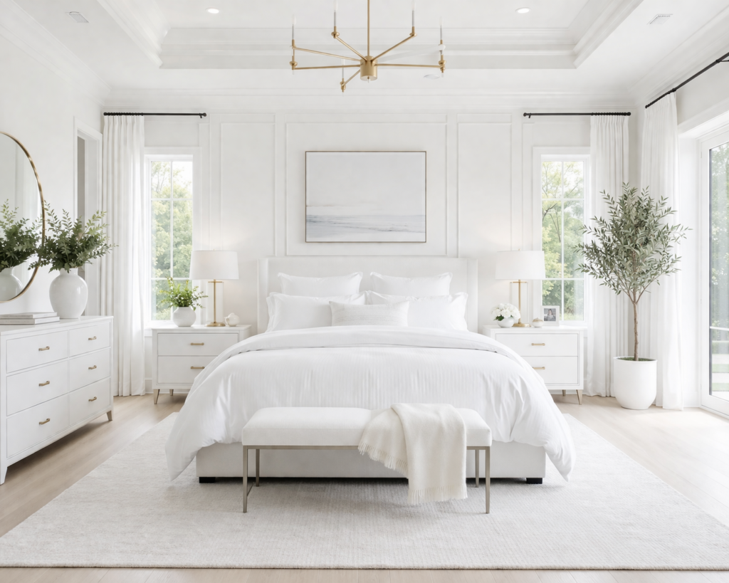 Crisp white master bedroom with soft natural light, modern furniture, and minimal decor showcasing master bedroom paint color ideas.