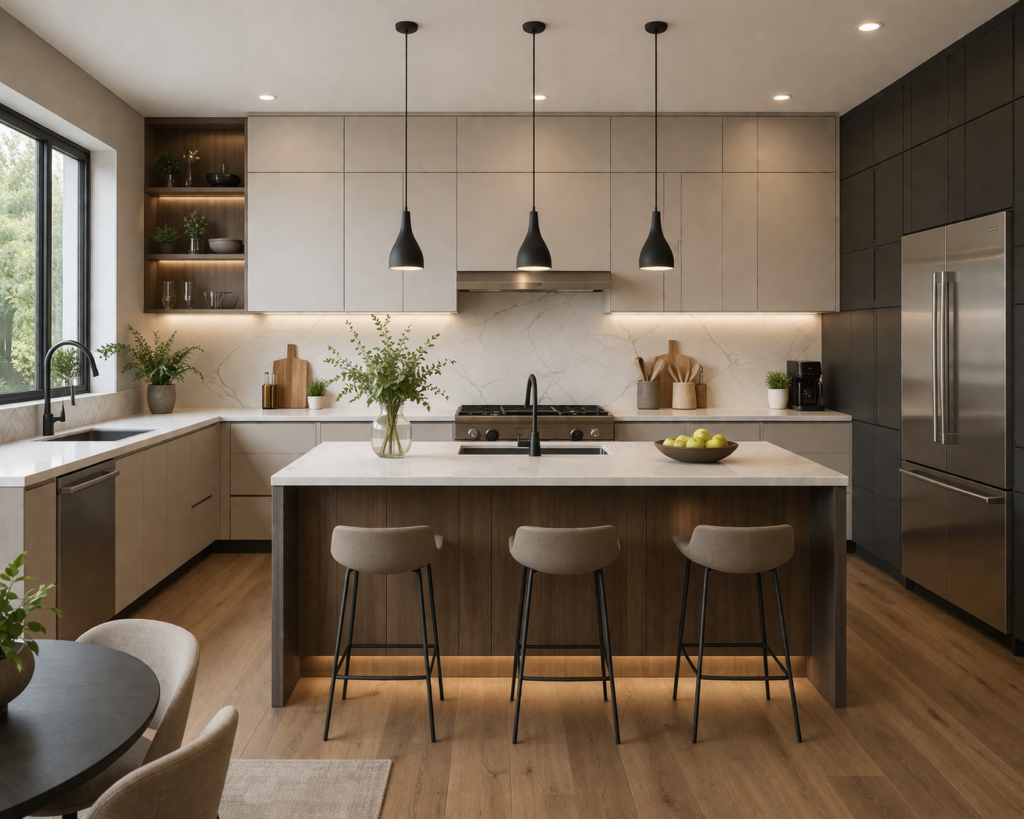Modern kitchen cabinets ideas with flat panel cabinets, minimalist design, wood accents, and sleek island in a contemporary kitchen