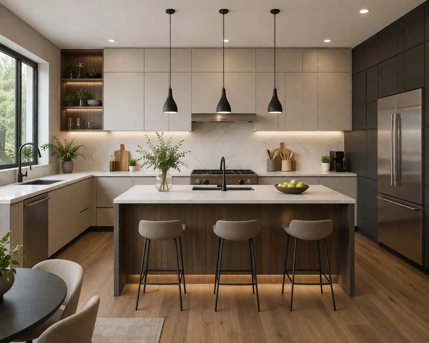 Modern kitchen cabinets ideas with flat panel cabinets, minimalist design, wood accents, and sleek island in a contemporary kitchen