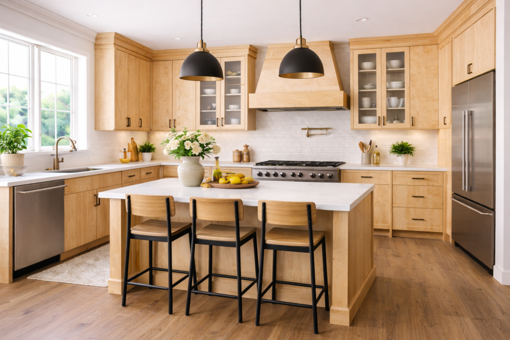 Modern kitchen cabinets ideas with plywood cabinets, natural wood texture, durable design, and a functional island in a contemporary kitchen