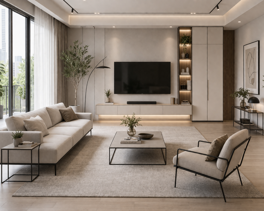 Modern living room furniture with slim design sofa, minimal table, and sleek storage units