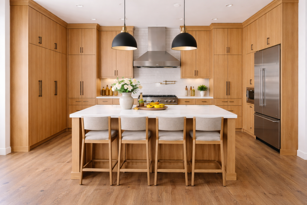 Modern kitchen cabinets ideas with tall vertical cabinets, full height storage, sleek design, and a spacious island in a contemporary kitchen