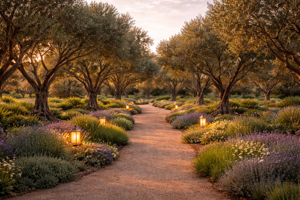 olive garden with properly spaced olive trees and landscaped pathway