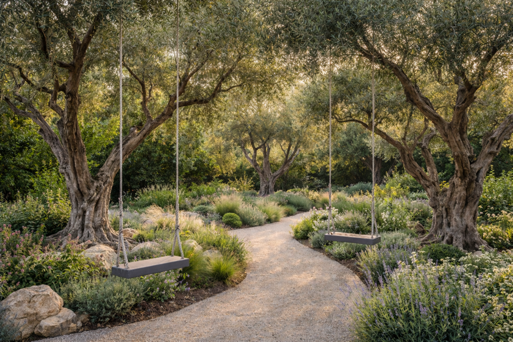 olive garden with swings hanging from mature olive trees and warm gray landscape design
