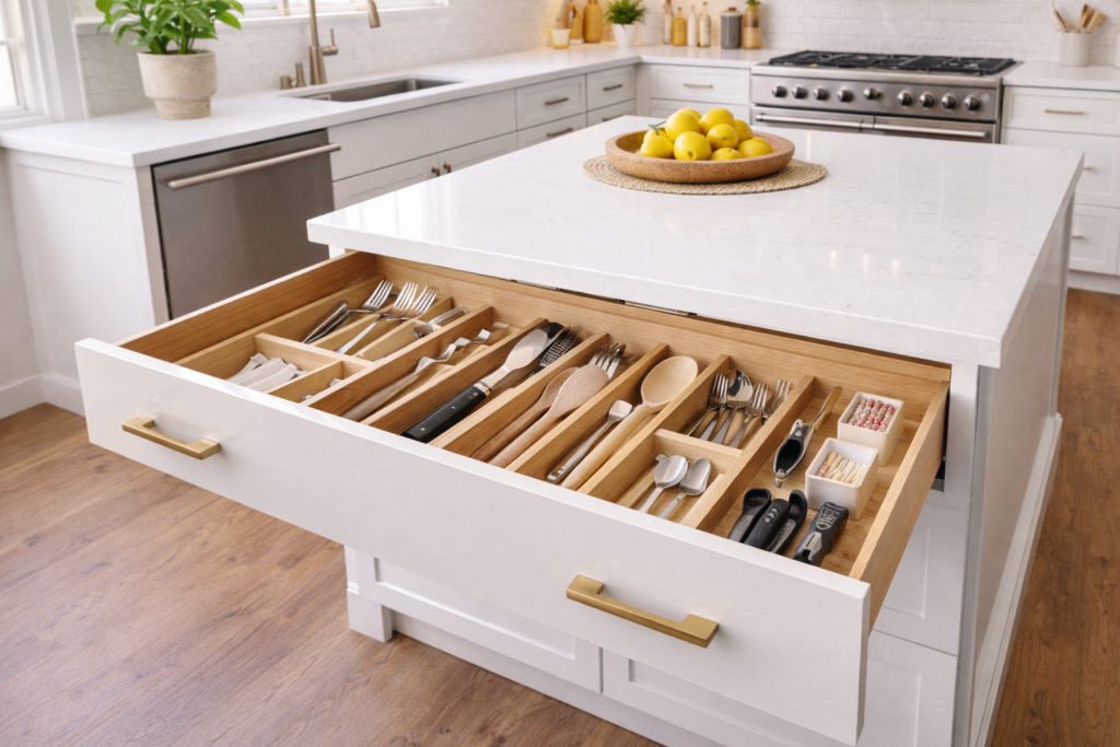 Modern kitchen cabinets ideas with drawer dividers, organized storage drawers, custom cabinetry, and a functional kitchen layout