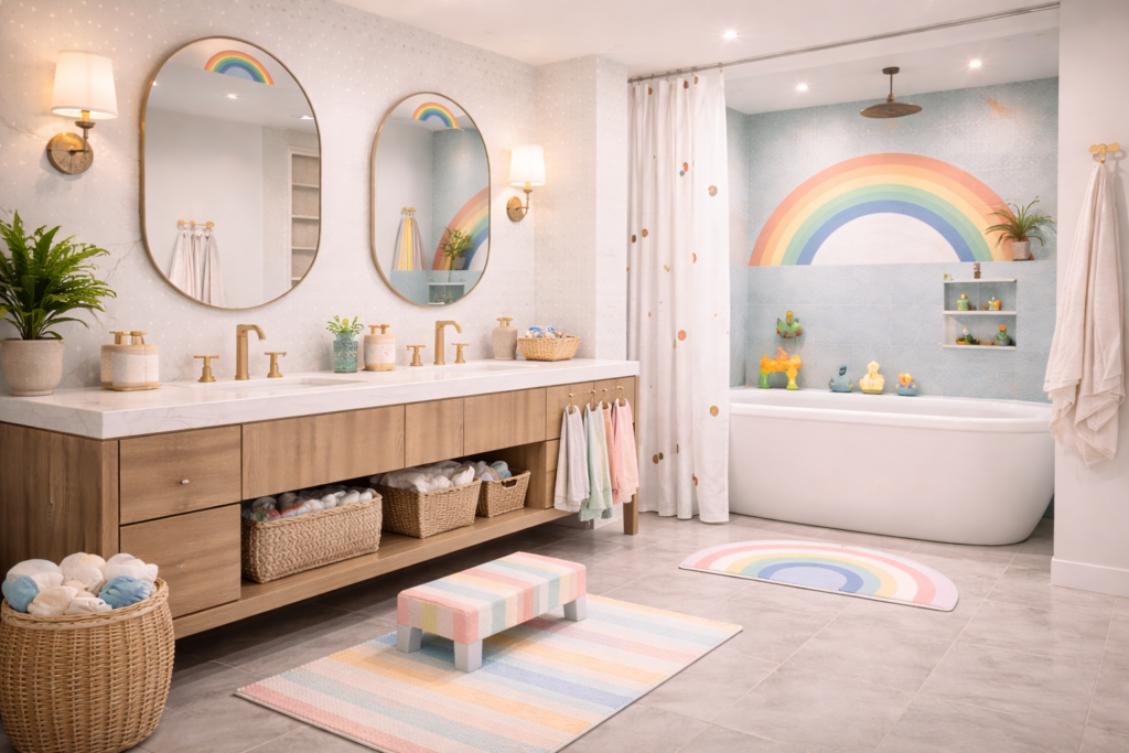 Modern kids bathroom with colorful decor, playful design, storage baskets, and fun layout ideas on remodelling a bathroom