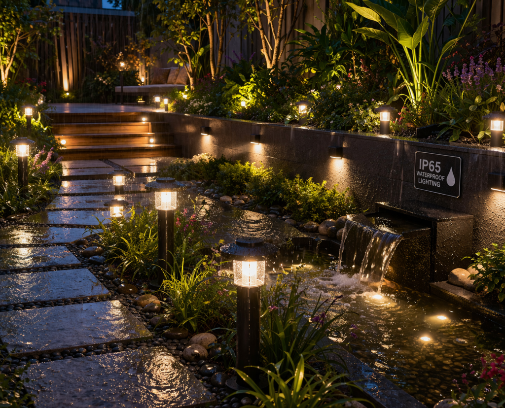 garden lighting ideas outdoor with waterproof lights along pathway and water feature in rainy garden