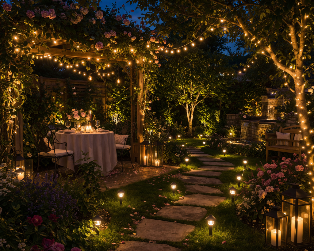 Garden lighting ideas outdoor with romantic lighting setup using soft string lights, candles, and warm ambient glow in a cozy garden