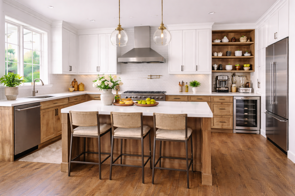 Eclectic kitchen cabinets ideas with mix of old and new cabinets, vintage wood finishes, modern elements, and a stylish functional layout
