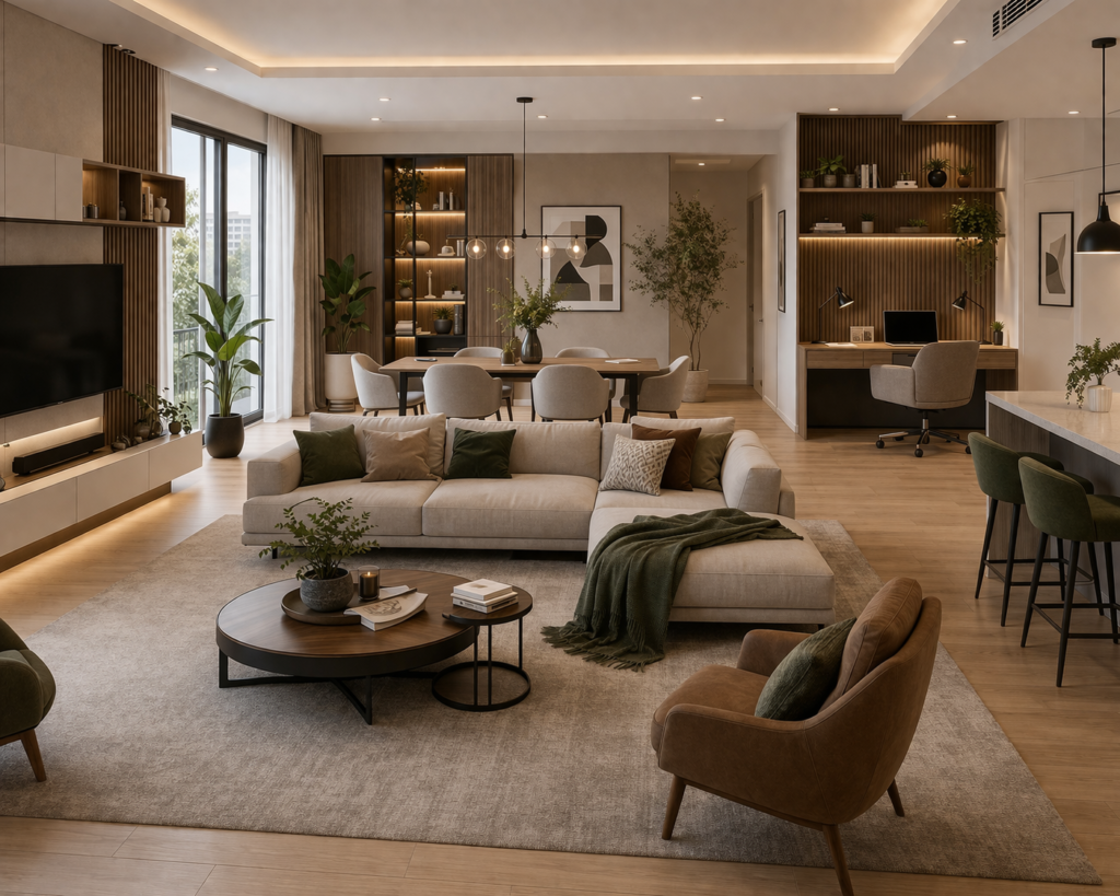 Modern living room furniture arranged in open-plan zones with seating area, dining space, and home office setup