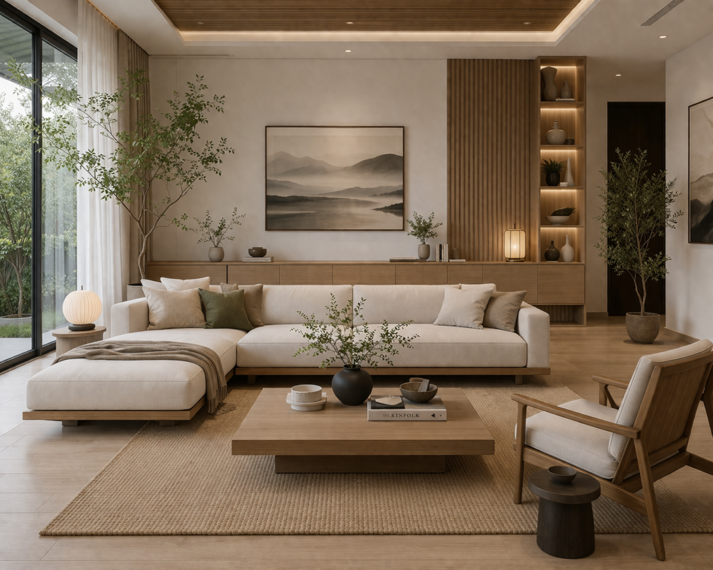 Modern living room furniture in Japandi style with wooden accents, low sofa, and neutral tones