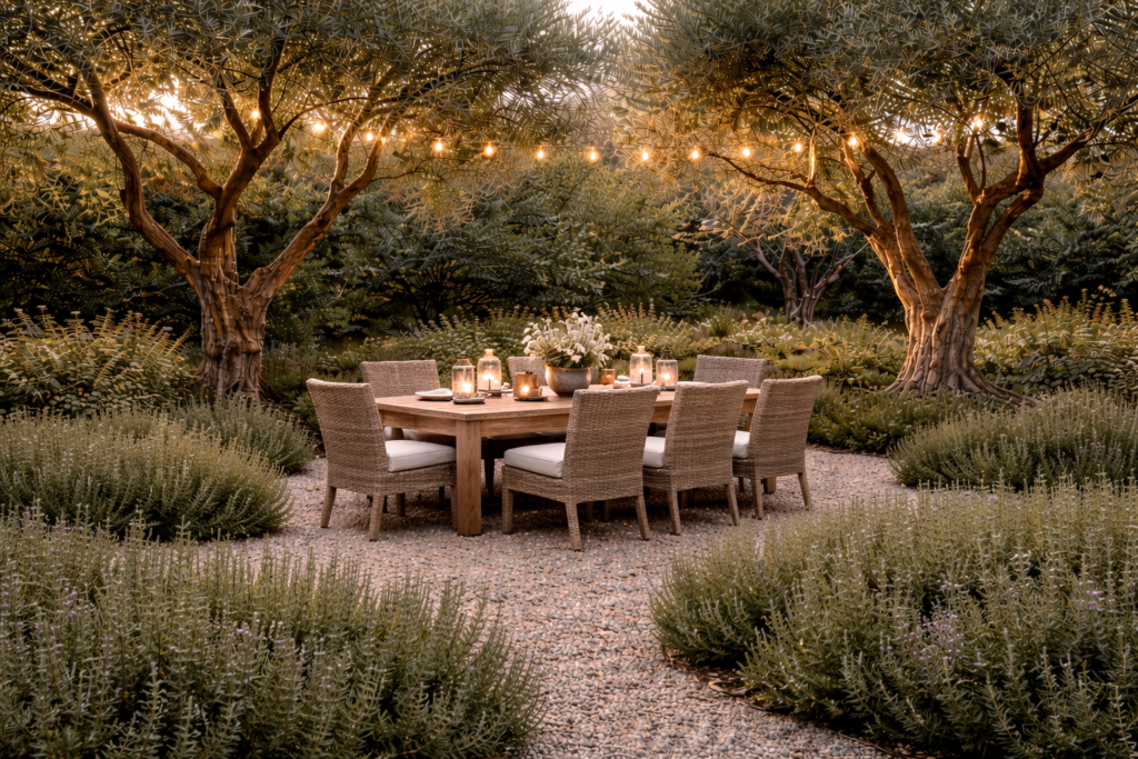 olive garden with outdoor dining area, wooden table, and chairs surrounded by olive trees and rosemary plants