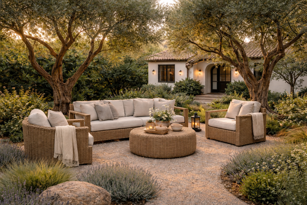 olive garden front yard with olive trees, mixed outdoor furniture, linen cushions, and soft natural seating area