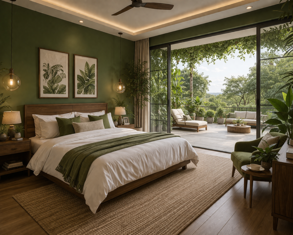 Modern bedroom with live green walls and large terrace view showing master bedroom paint color ideas