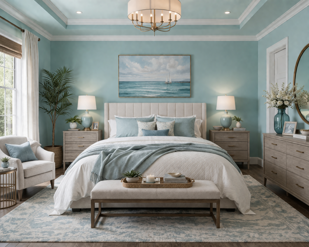 Aqua master bedroom with fresh tones, light furniture, and airy decor showcasing master bedroom paint color ideas.