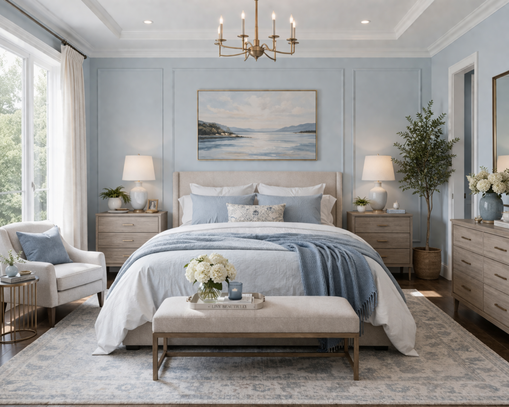 Pale blue master bedroom with soft lighting, neutral furniture, and calm decor highlighting master bedroom paint color ideas