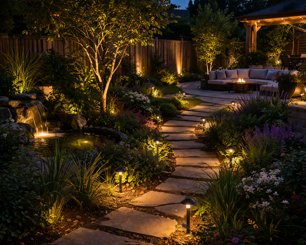 garden lighting ideas outdoor with low voltage pathway lights highlighting plants and garden walkway
