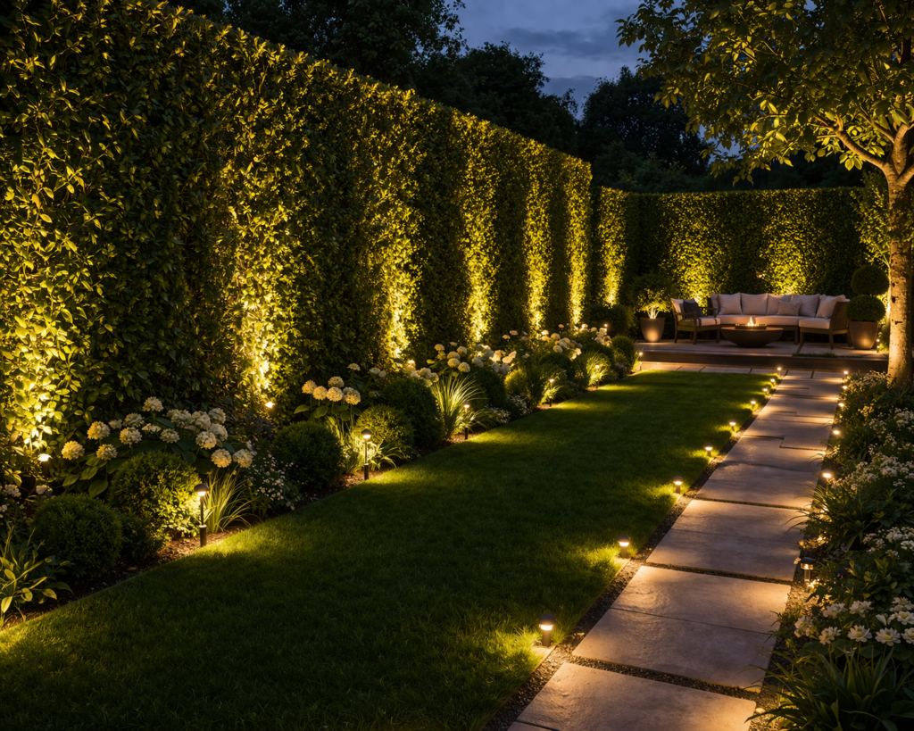 Garden lighting ideas outdoor with hedge lighting highlighting green borders and creating a soft glow along garden edges at night