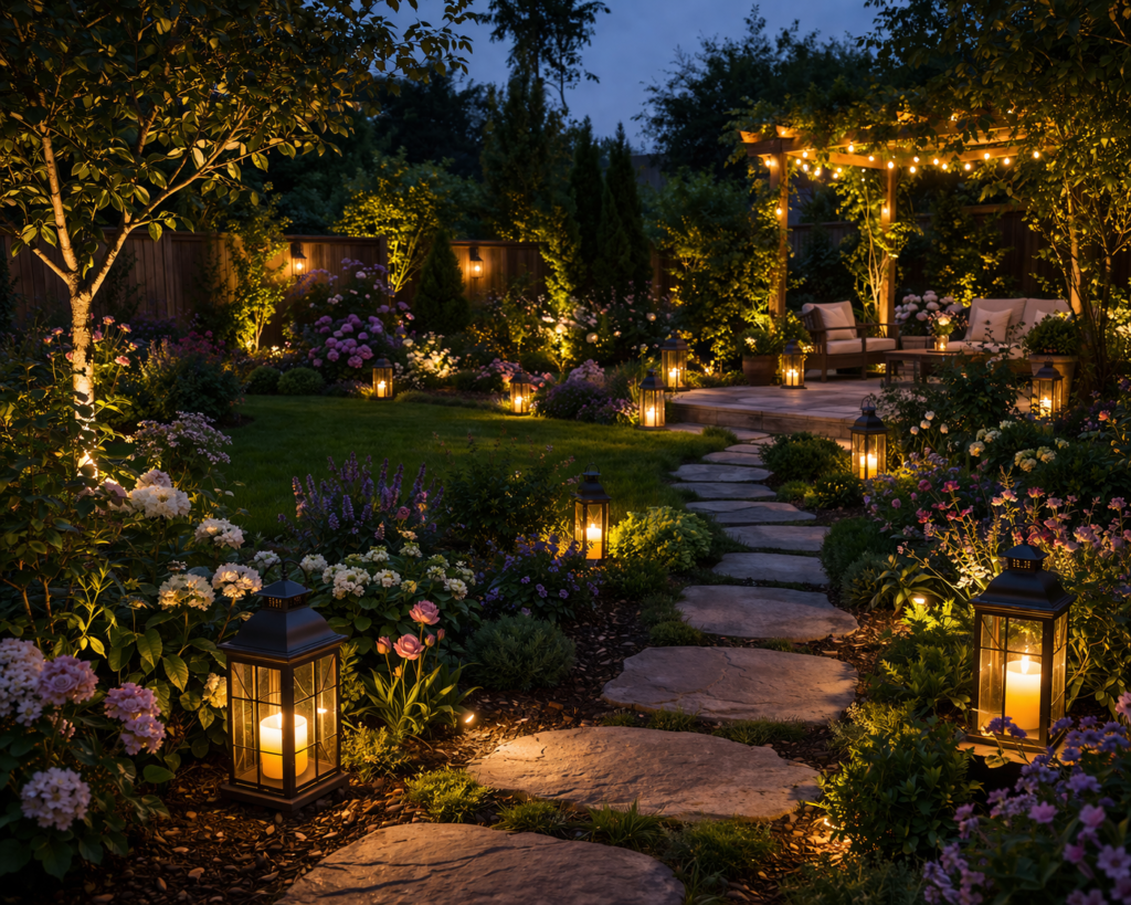 Garden lighting ideas outdoor with decorative lantern lights hanging and placed along pathways in a cozy backyard